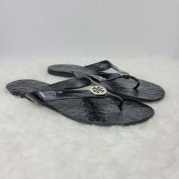 Tory Burch Womens Sandals Size 6M Thora Black Patent Leather Flip Flops Flats - Picture 1 of 9